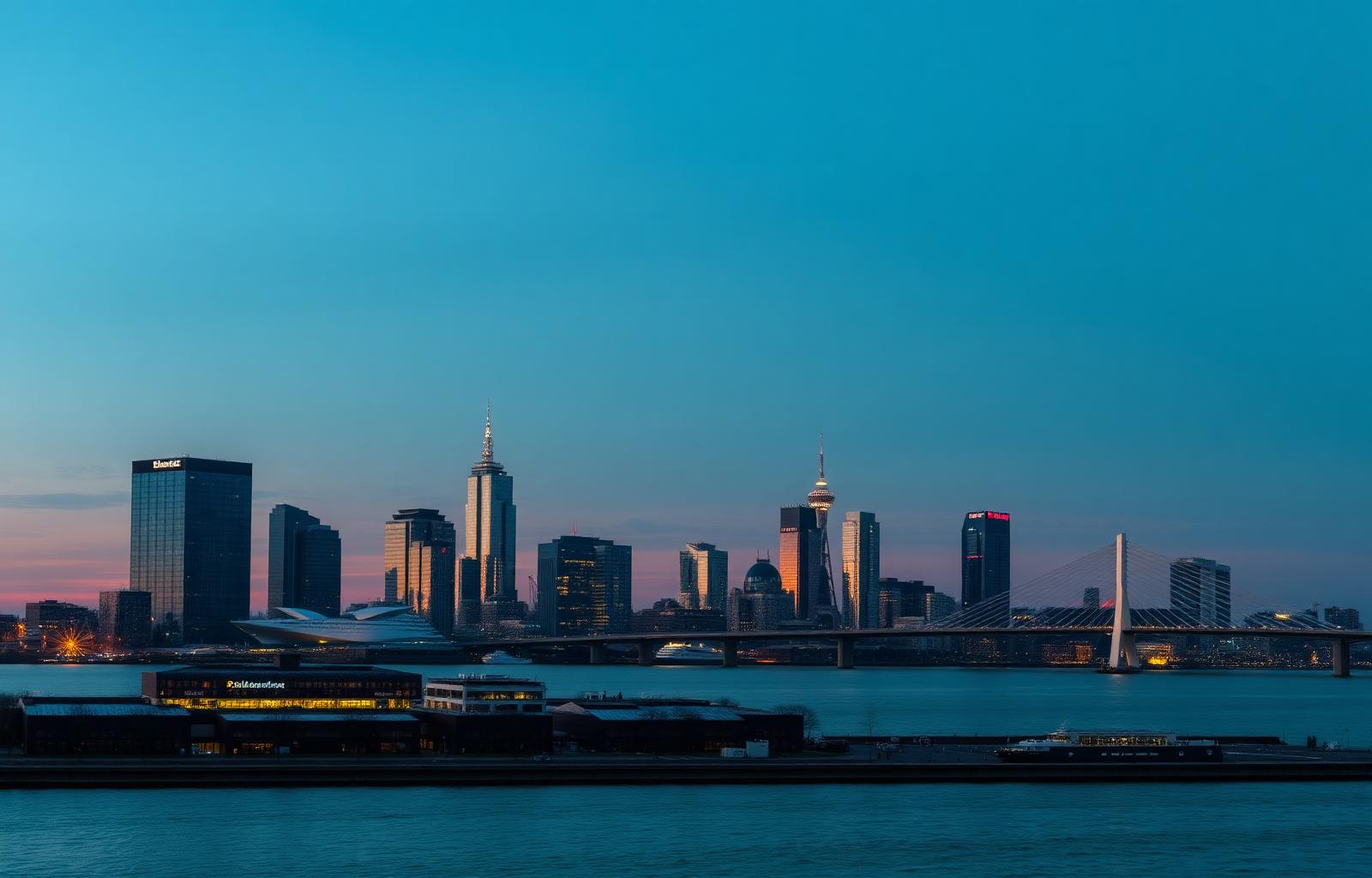 Skyline van Rotterdam met de Erasmusbrug in warme avondlucht